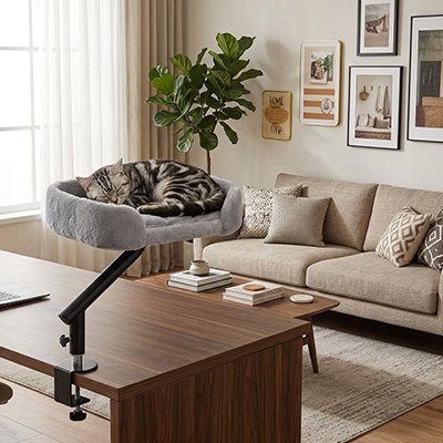 lit chat suspendu rotatif couchette grise avec chat endormi