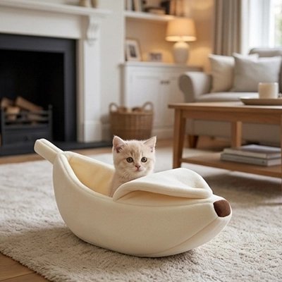 lit pour chat banane blanche chaton salon