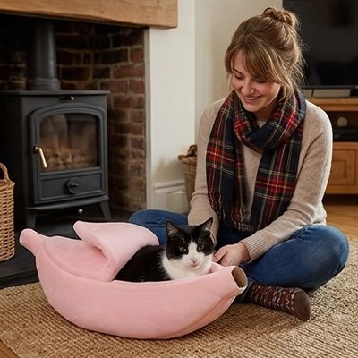 lit pour chat banane rose humain chat tranquille