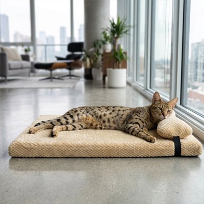 lit pour chat beige avec oreiller chat léopard
