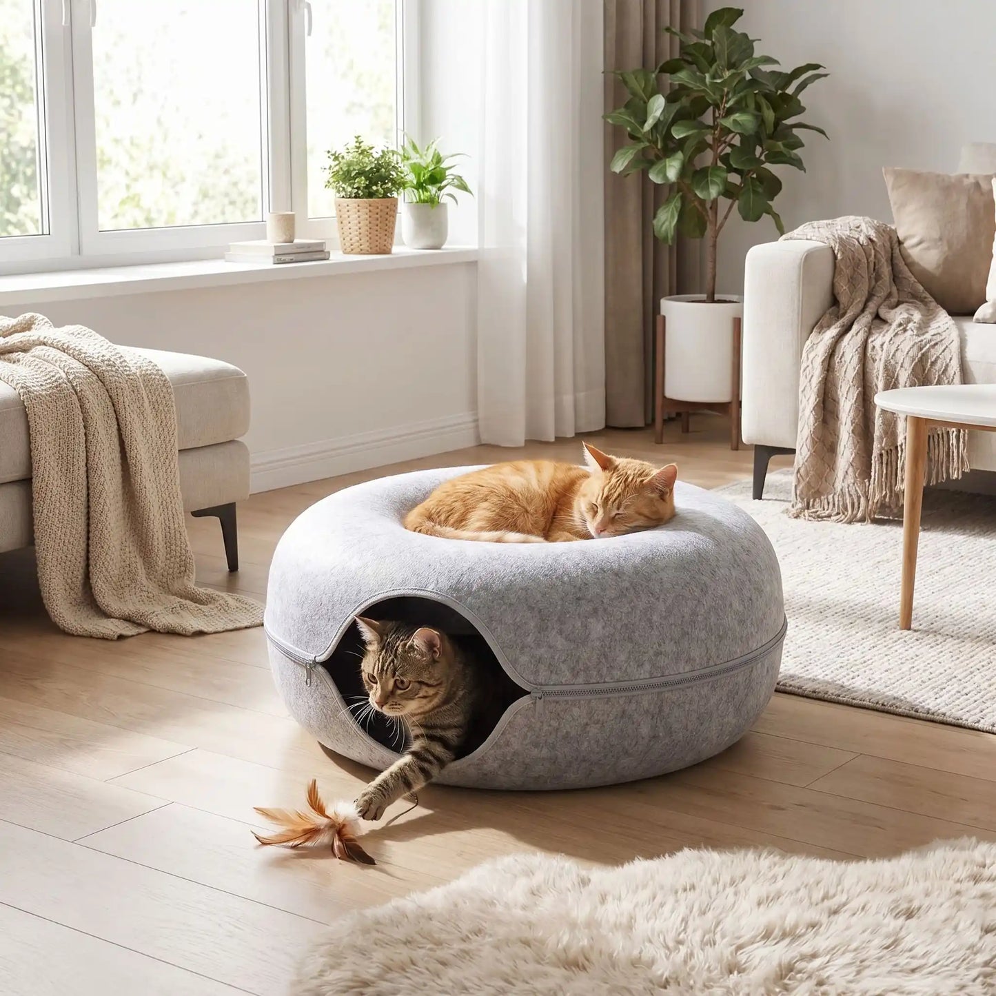 lit pour chat donut tunnel gris clair avec chats