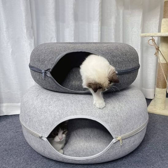 lit pour chat donut tunnel gris clair foncé superposé