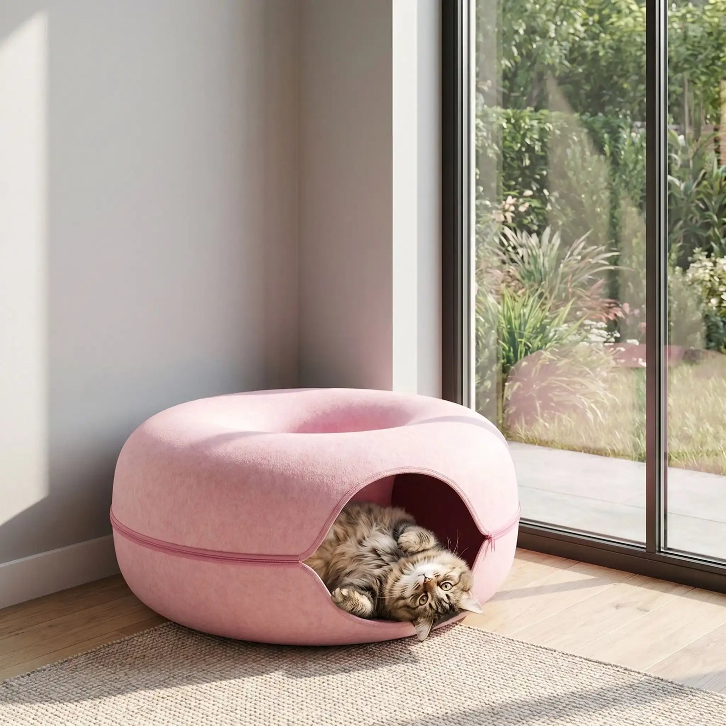 lit pour chat donut tunnel rose avec chat content