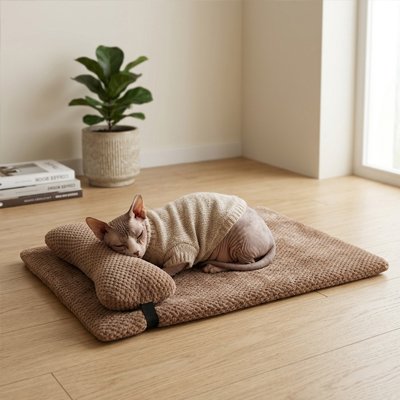 lit pour chat kaki avec oreiller chat endormi 