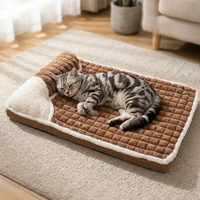lit pour chat marron mémoire de forme avec chat allongé 