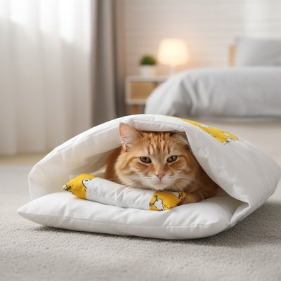 lit pour chat motif jaune couchage enveloppant avec chat détendu