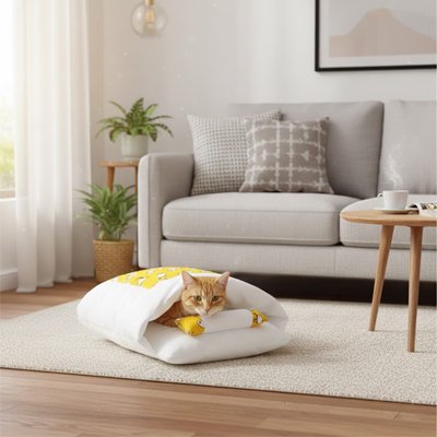 lit pour chat motif jaune couchage enveloppant avec chat 