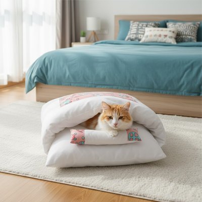 lit pour chat motif rose couchage enveloppant avec chat calme