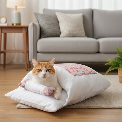 lit pour chat motif rose couchage enveloppant avec chat 