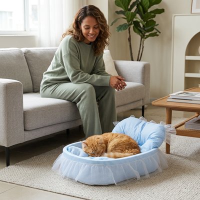 lit pour chat ovale bleu humain chat endormi