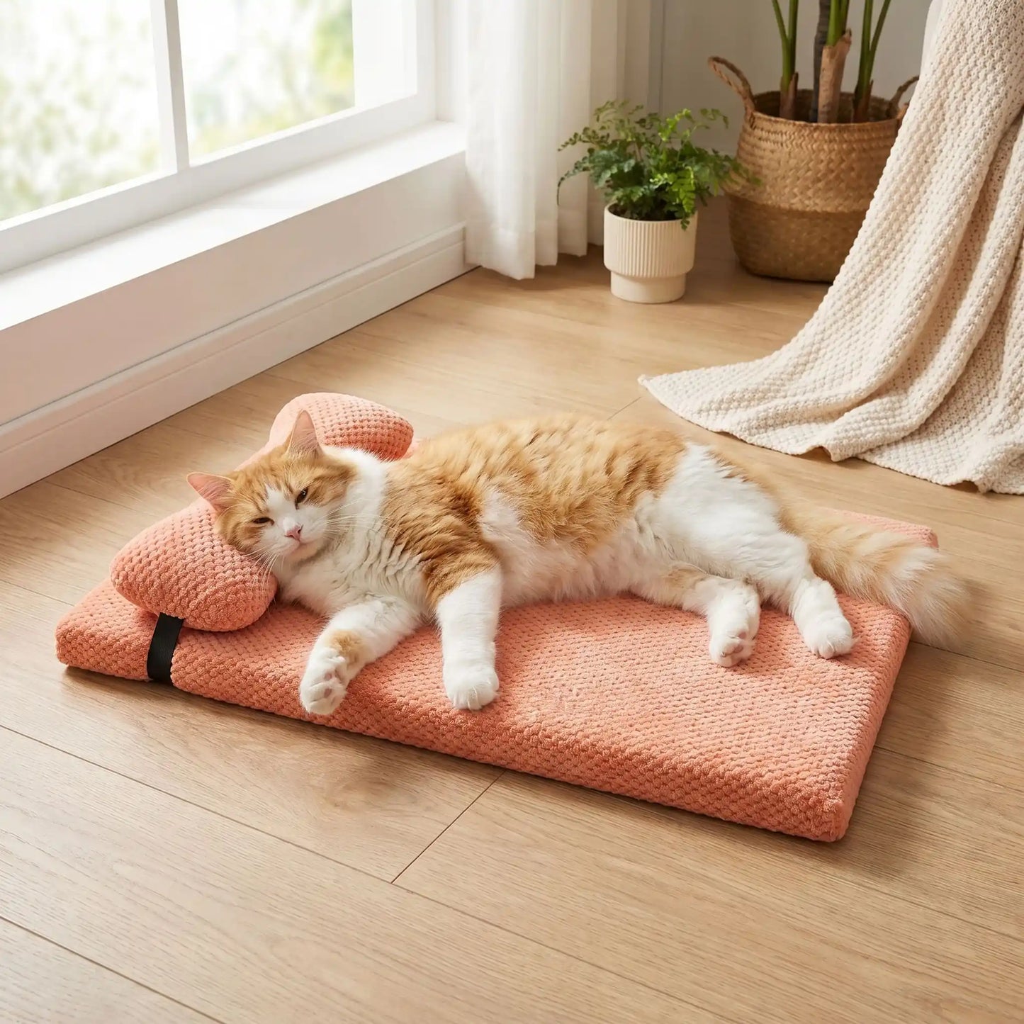 lit pour chat rose poudré avec oreiller chat allongé calme