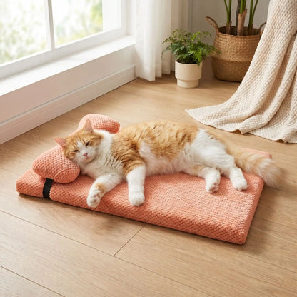 lit pour chat rose poudré avec oreiller chat allongé calme