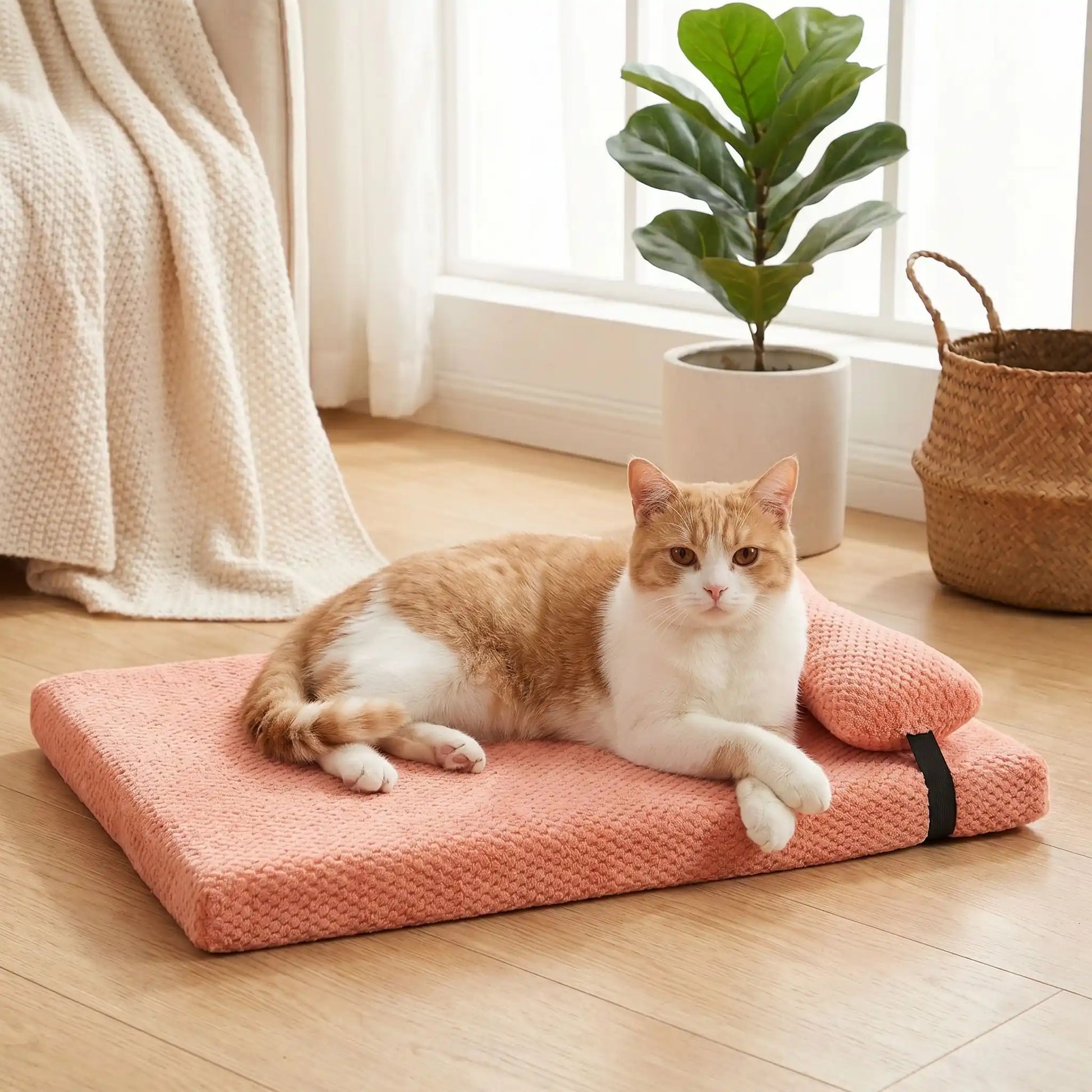 lit pour chat rose poudré avec oreiller chat posé
