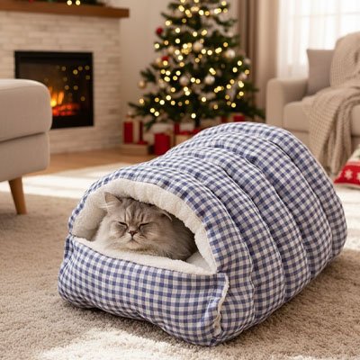 lit pour chat tunnel fermé carreaux bleus avec chat détendu 