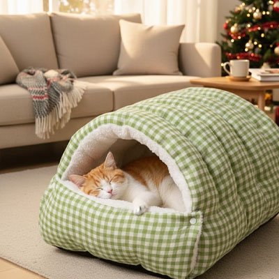 lit pour chat tunnel fermé carreaux verts avec chat endormi