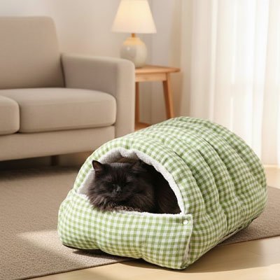 lit pour chat tunnel fermé carreaux verts avec chat tranquille