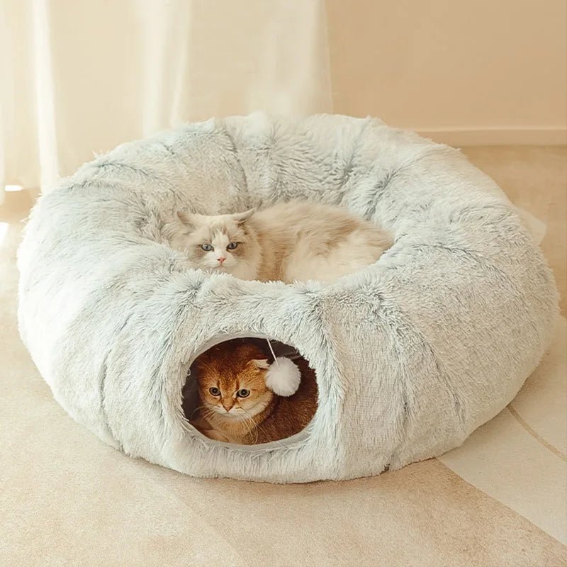 lit pour chat tunnel gris avec chats 2