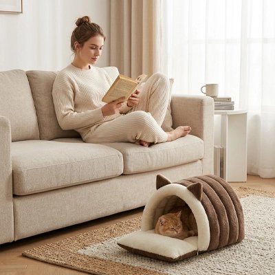 lit pour chat tunnel marron oreilles chat 