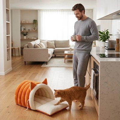 lit pour chat tunnel orange oreilles chat