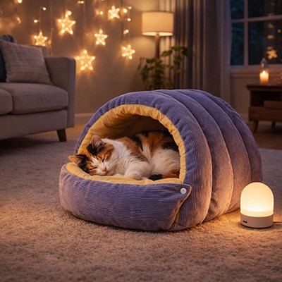 lit pour chat tunnel semi-fermé avec chat endormi nuit