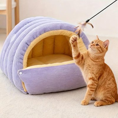 lit pour chat tunnel semi-fermé avec chat jouant 