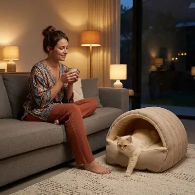 lit pour chat tunnel semi-fermé beige chat sortant 
