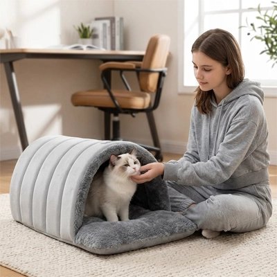 lit pour chat tunnel semi-fermé gris enfant chat