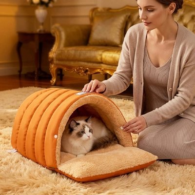 lit pour chat tunnel semi-fermé orange humain chat