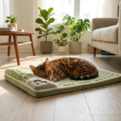 lit pour chat vert mémoire de forme avec chat allongé