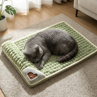lit pour chat vert mémoire de forme avec chat endormi