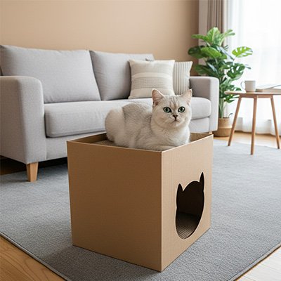 maison en carton pour chat avec chat dessus