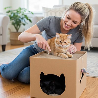 maison en carton pour chat avec chat humain