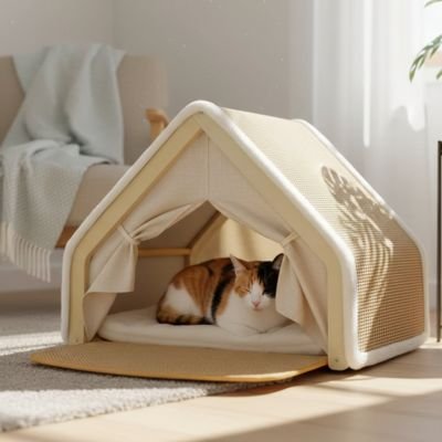 maison pour chat beige avec chat au repos 