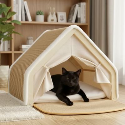 maison pour chat beige avec chat calme 