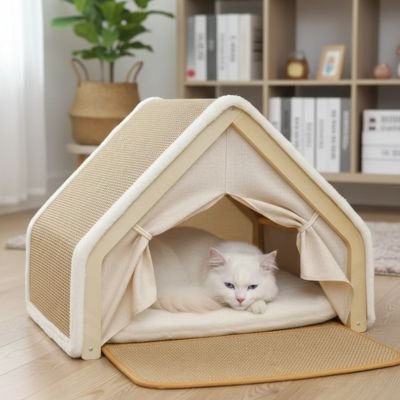 maison pour chat beige avec chat tranquille