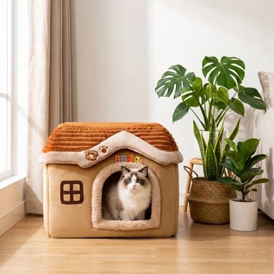 maison pour chat beige marron ours intérieur