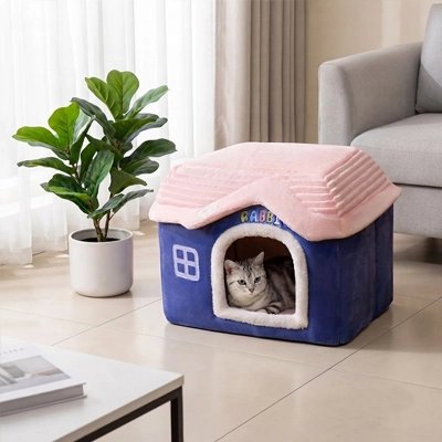 maison pour chat bleu rose lapin chat gris salon