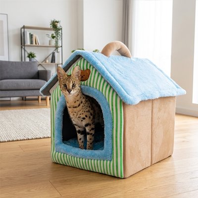 maison pour chat bleu vert avec chat léopard curieux 