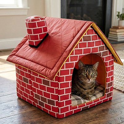 maison pour chat briques rouges avec chat allongé