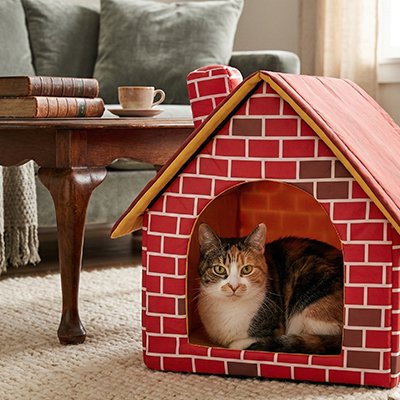 maison pour chat briques rouges avec chat calme 