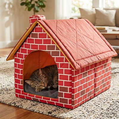 maison pour chat briques rouges avec chat endormi