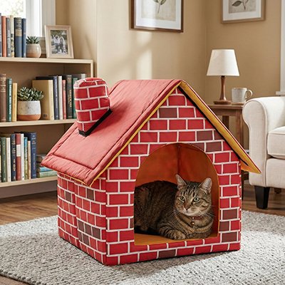 maison pour chat briques rouges avec chat tranquille