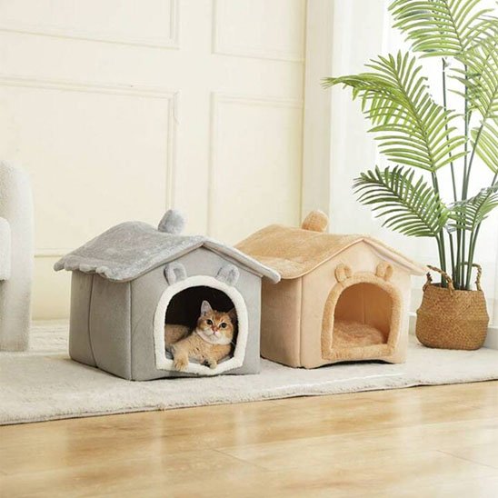 maison pour chat gris clair doux et beige chaleureux 2