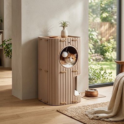 niche à chat beige deux couchages avec chat allongé dedans