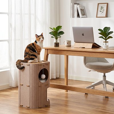 niche à chat beige deux couchages avec chat assis hauteur  