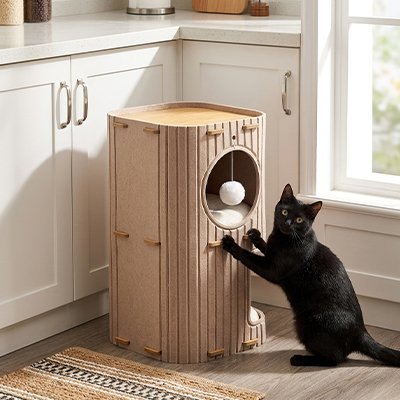 niche à chat beige deux couchages avec chat 