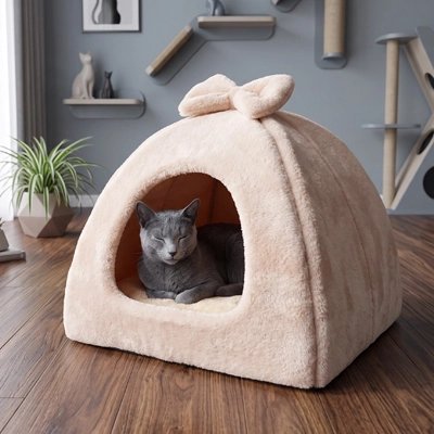 niche à chat beige triangle arrondi chat yeux fermés 