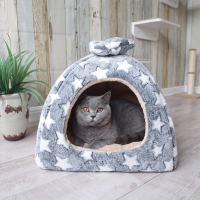niche à chat dôme étoiles chat allongé gris