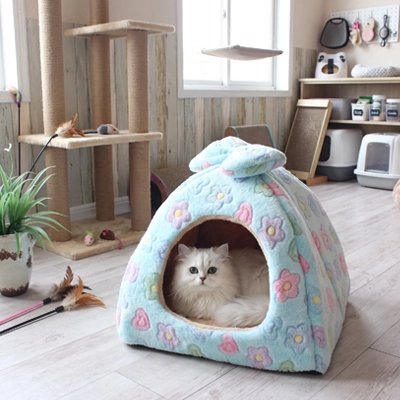 niche à chat dôme fleurs dans pièce pour chat