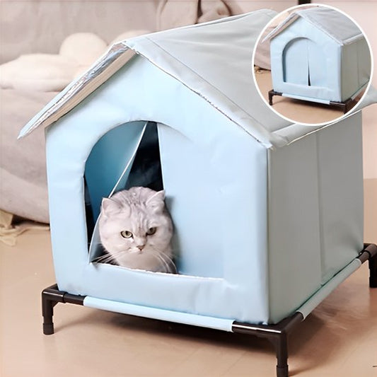 niche à chat extérieur sur pied imperméable bleu clair           